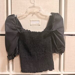 Reformation Black Smocked Puff-Sleeve Crop Top